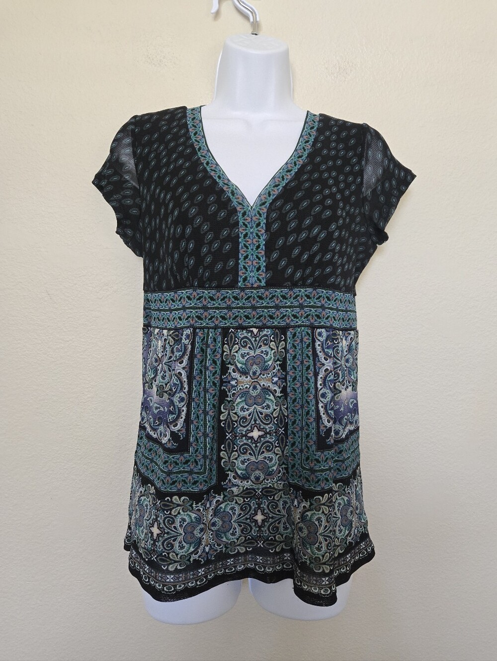 Vintage Y2K Boho V Neck Paisley Blouse Top Size Small